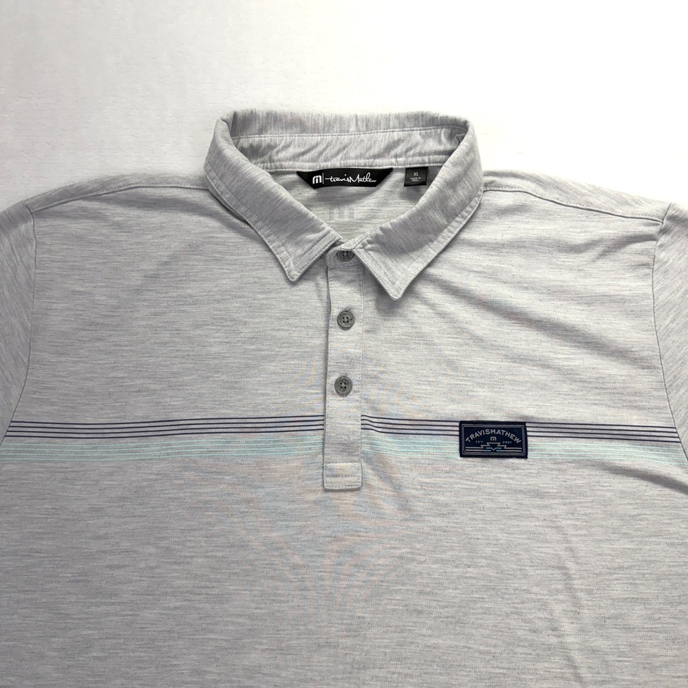 TravisMathew Polo Shirt Mens XL Gray Heathered Stripe Golf Performance Stretch - Picture 2 of 11